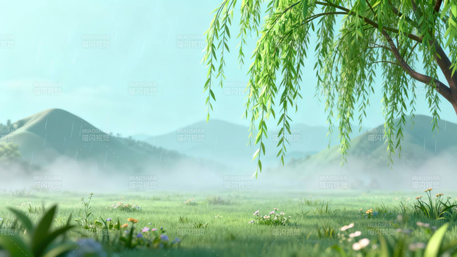 春日细雨柳树下图片