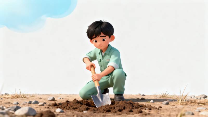 男孩挖土种树环保行动图片