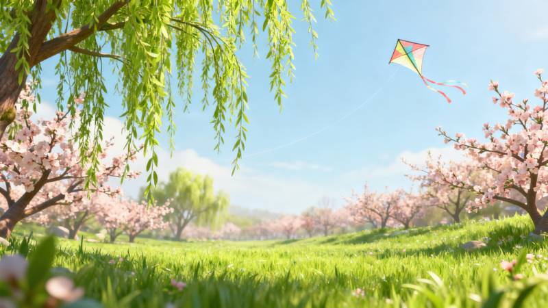 春日放风筝的田园风光图片