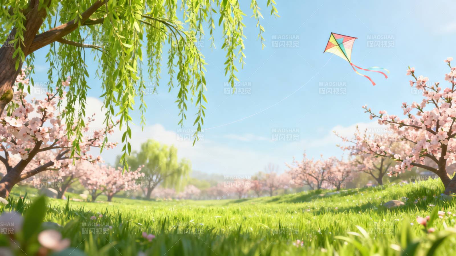 春日放风筝的田园风光图片