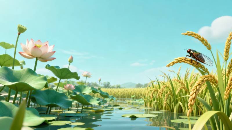 夏日荷塘稻田蝉鸣图片