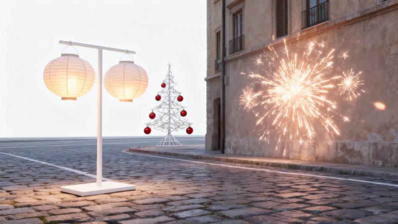 节日街头灯笼与烟花图片