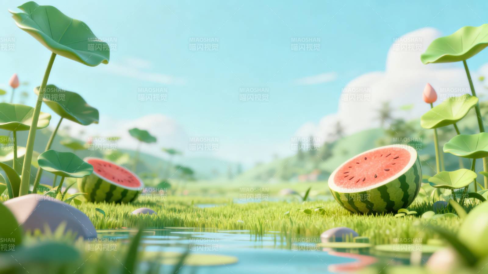 夏日西瓜与荷塘美景图片