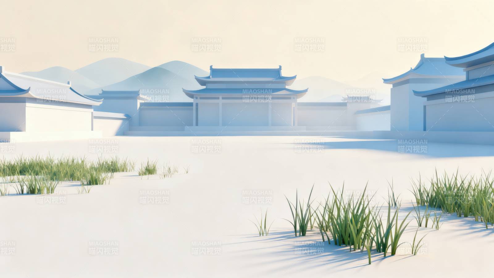 极简古建筑群山水背景图片