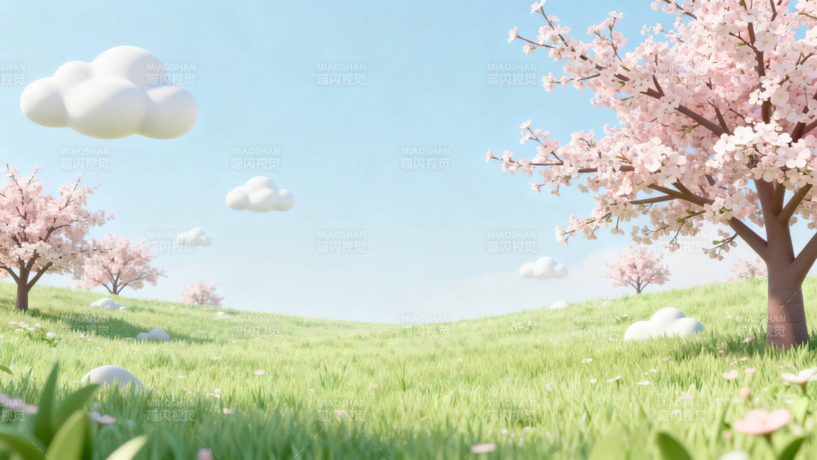 樱花草地云朵天空图片