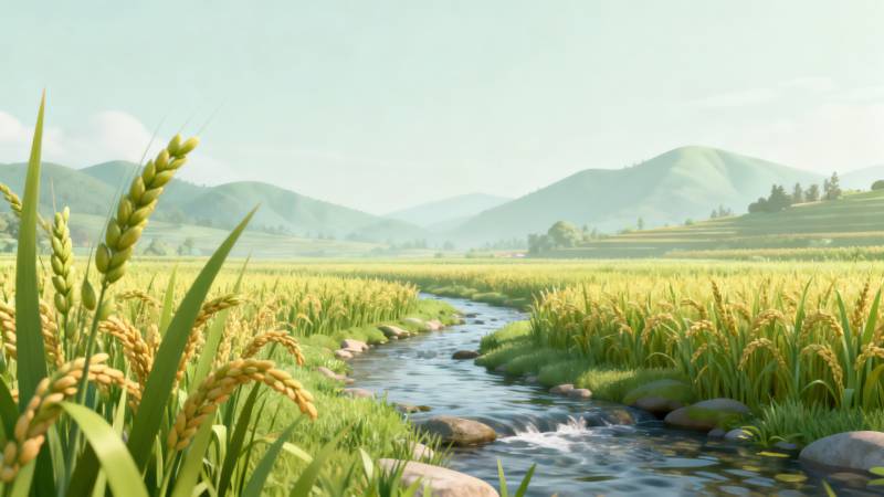 田野稻谷与溪流风景图片
