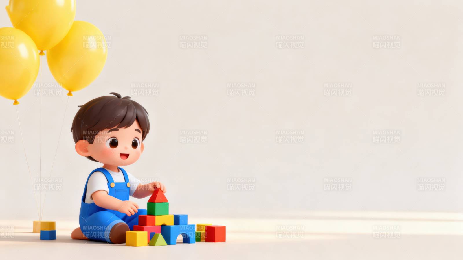 小男孩玩积木黄色气球图片