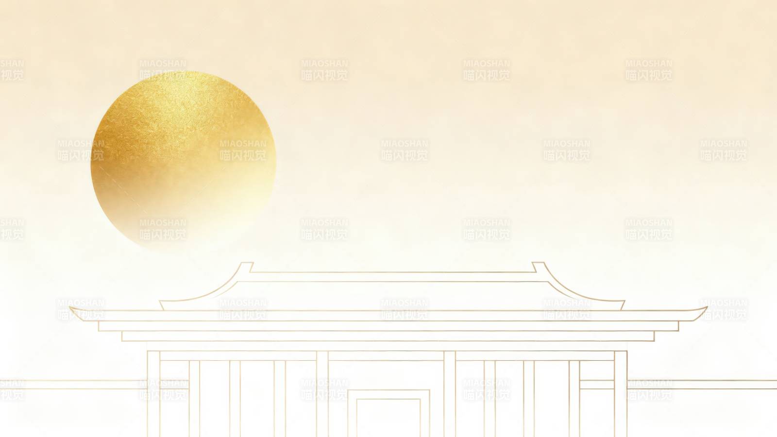 金色圆月与古建筑轮廓图片