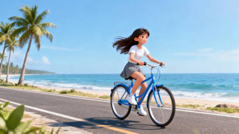 女孩海边骑自行车图片