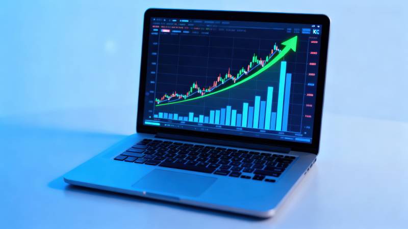 笔记本电脑显示股票上涨图表图片