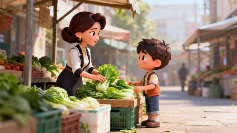 菜市场买菜的母子图片