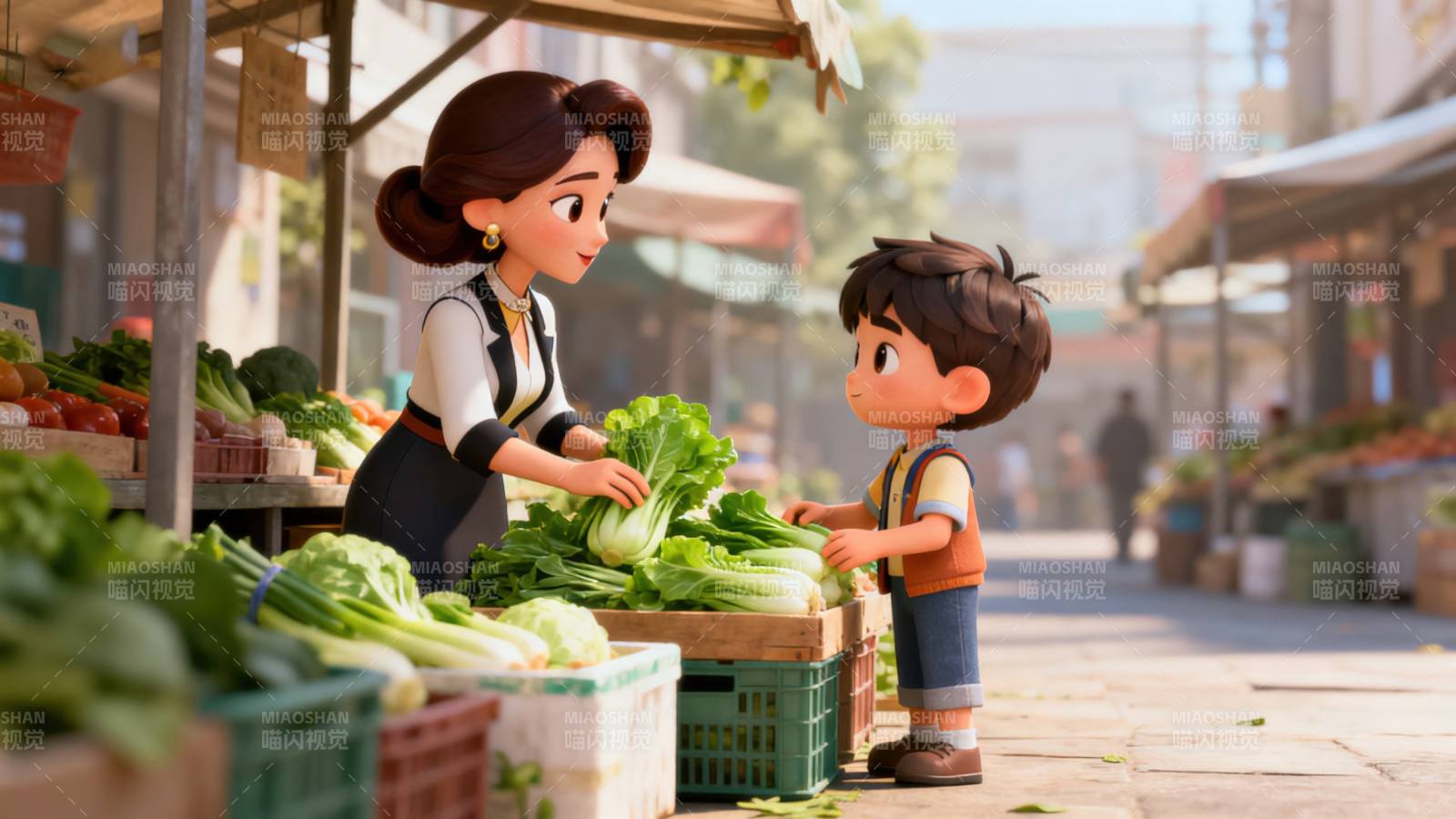 菜市场买菜的母子图片