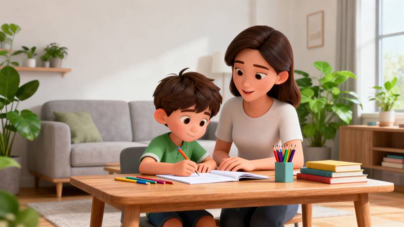 母亲辅导孩子学习图片