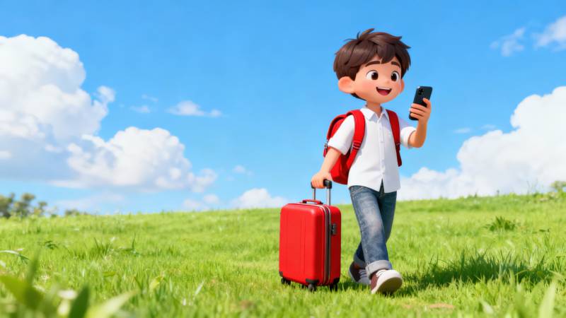 男孩旅行看手机图片