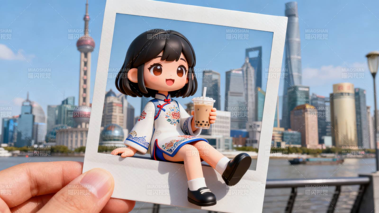 卡通女孩手持奶茶上海背景图片