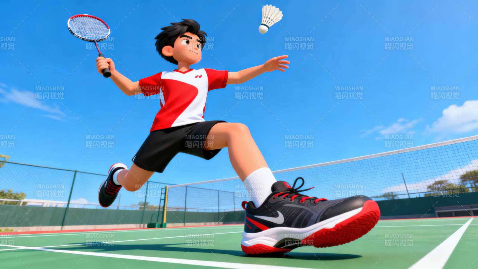 男孩打羽毛球运动瞬间图片