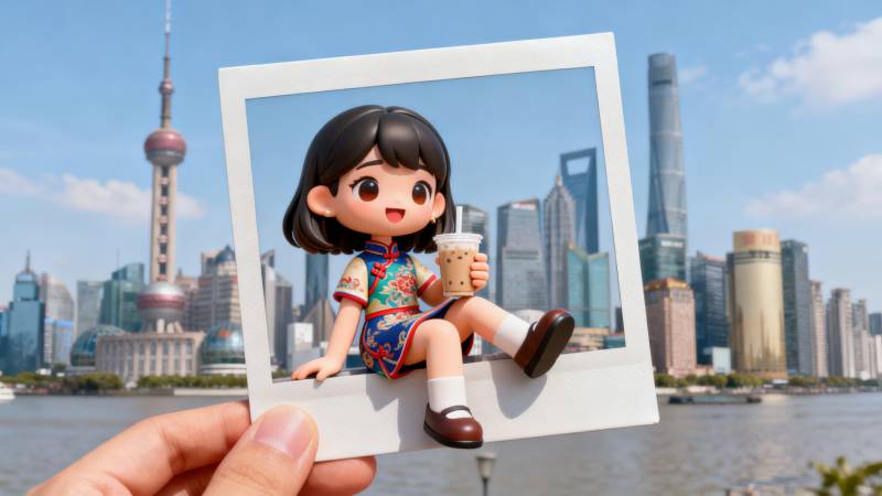 上海外滩卡通女孩与城市天际线图片