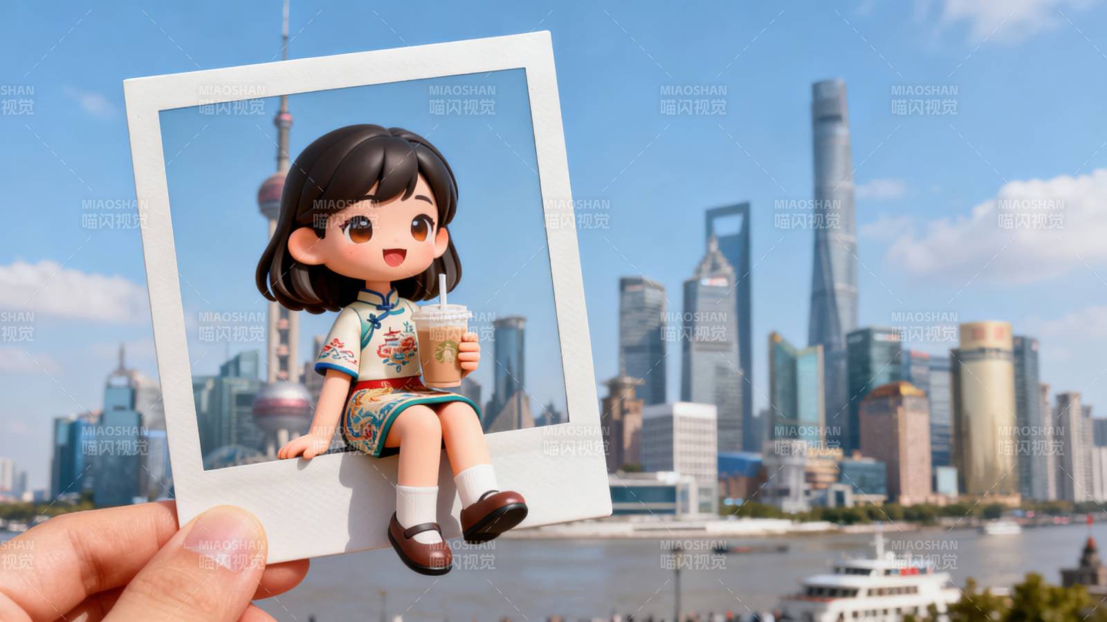 卡通女孩手持饮料上海背景图片