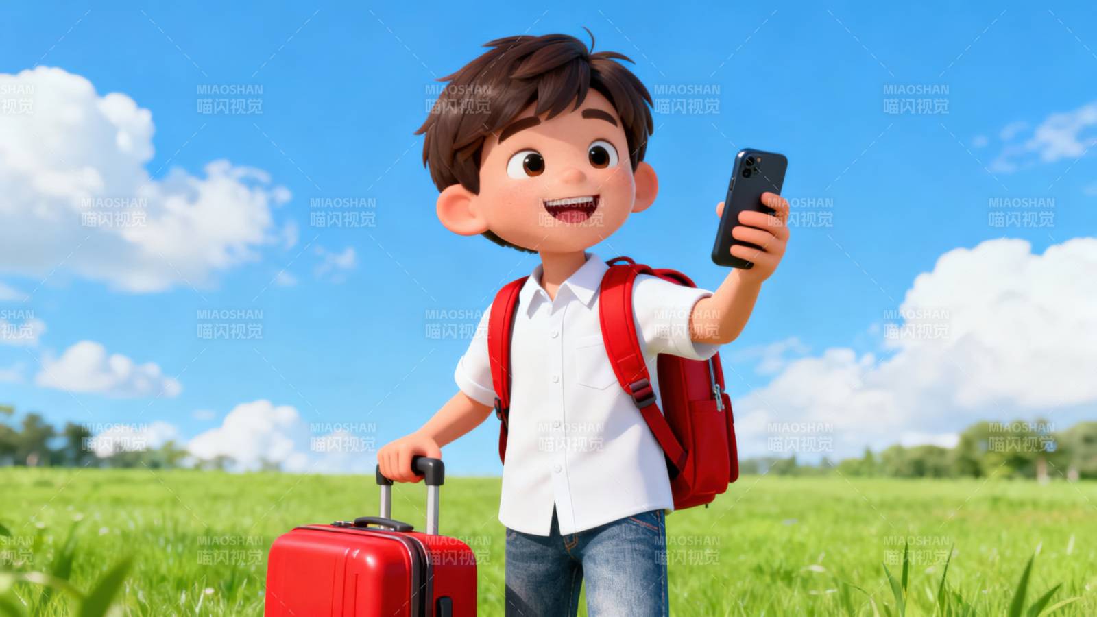 男孩旅行自拍蓝天草地图片