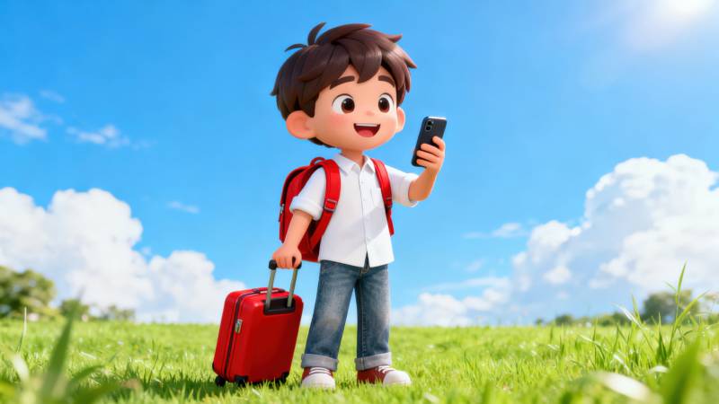 小男孩旅行看手机图片