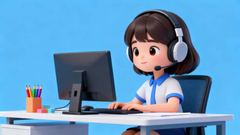 女孩使用电脑戴耳机工作图片