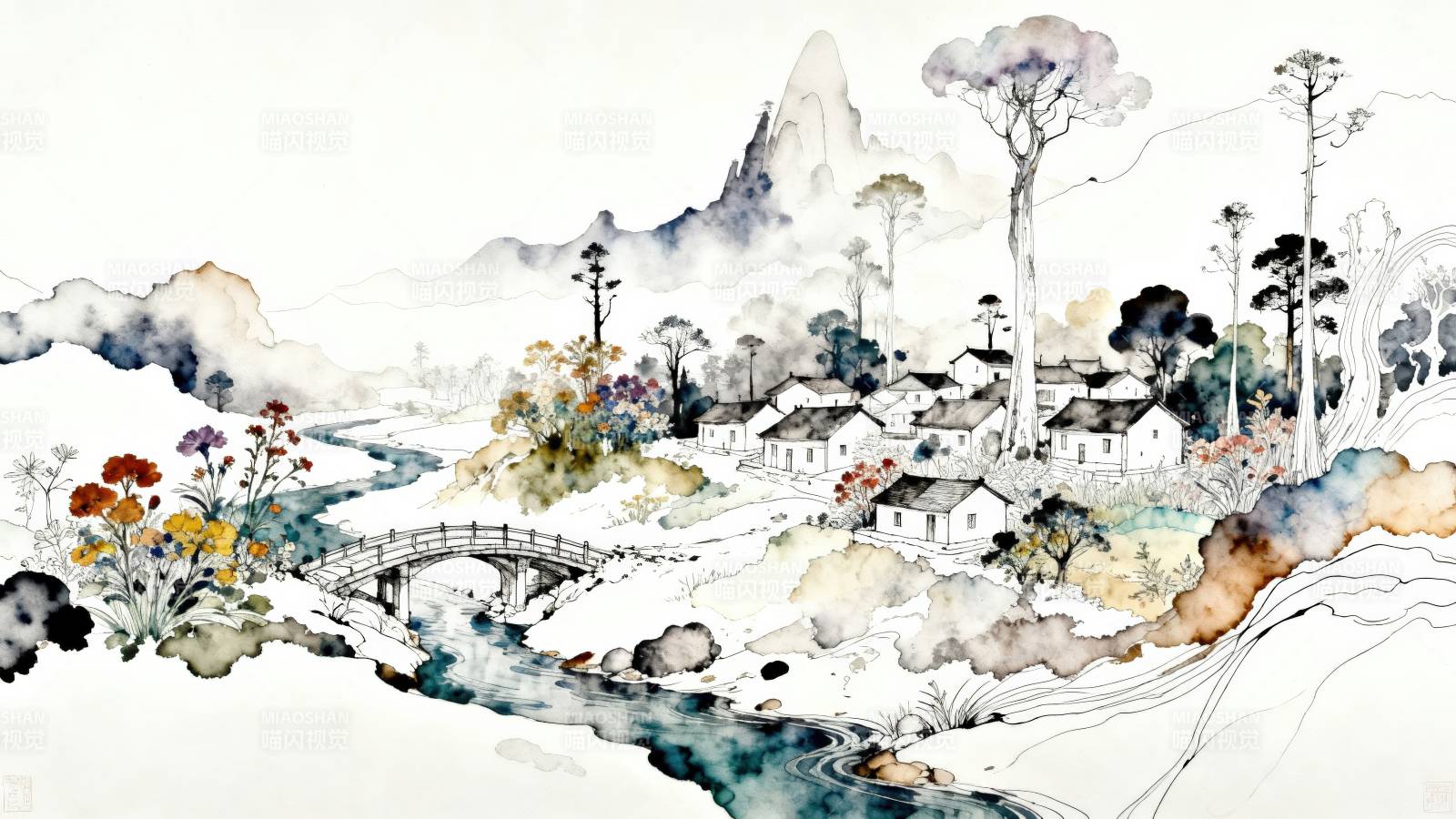 水墨山水乡村意境图片