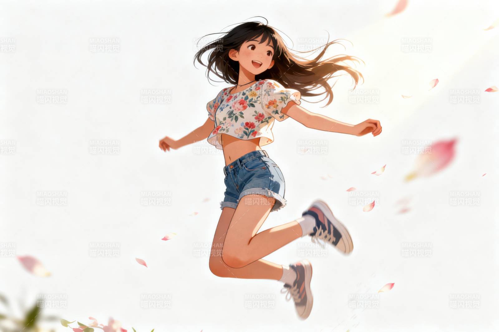 女孩跳跃花瓣飞舞图片