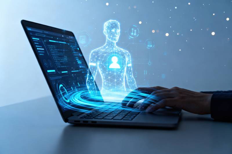 科技虚拟人与笔记本电脑交互图片