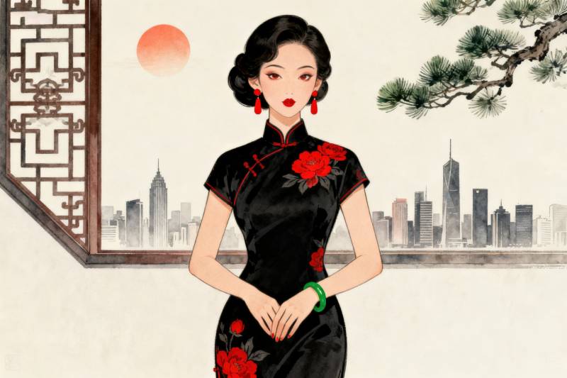 旗袍女子与城市背景图片