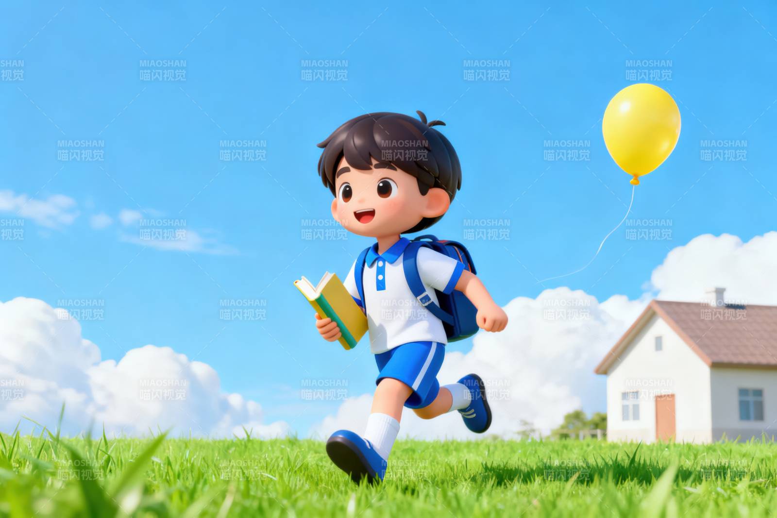 小男孩奔跑上学路上图片