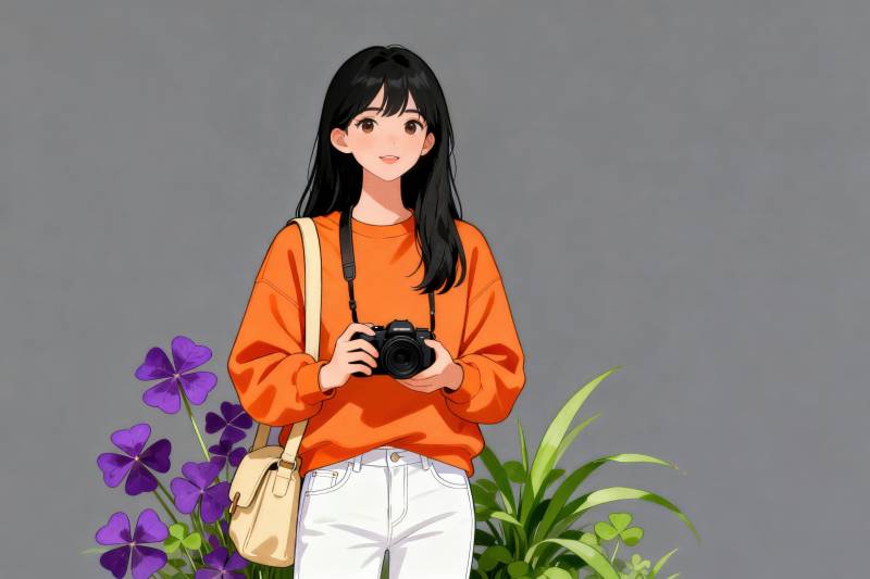 女孩手持相机拍照图片