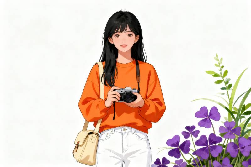 女孩手持相机拍照图片