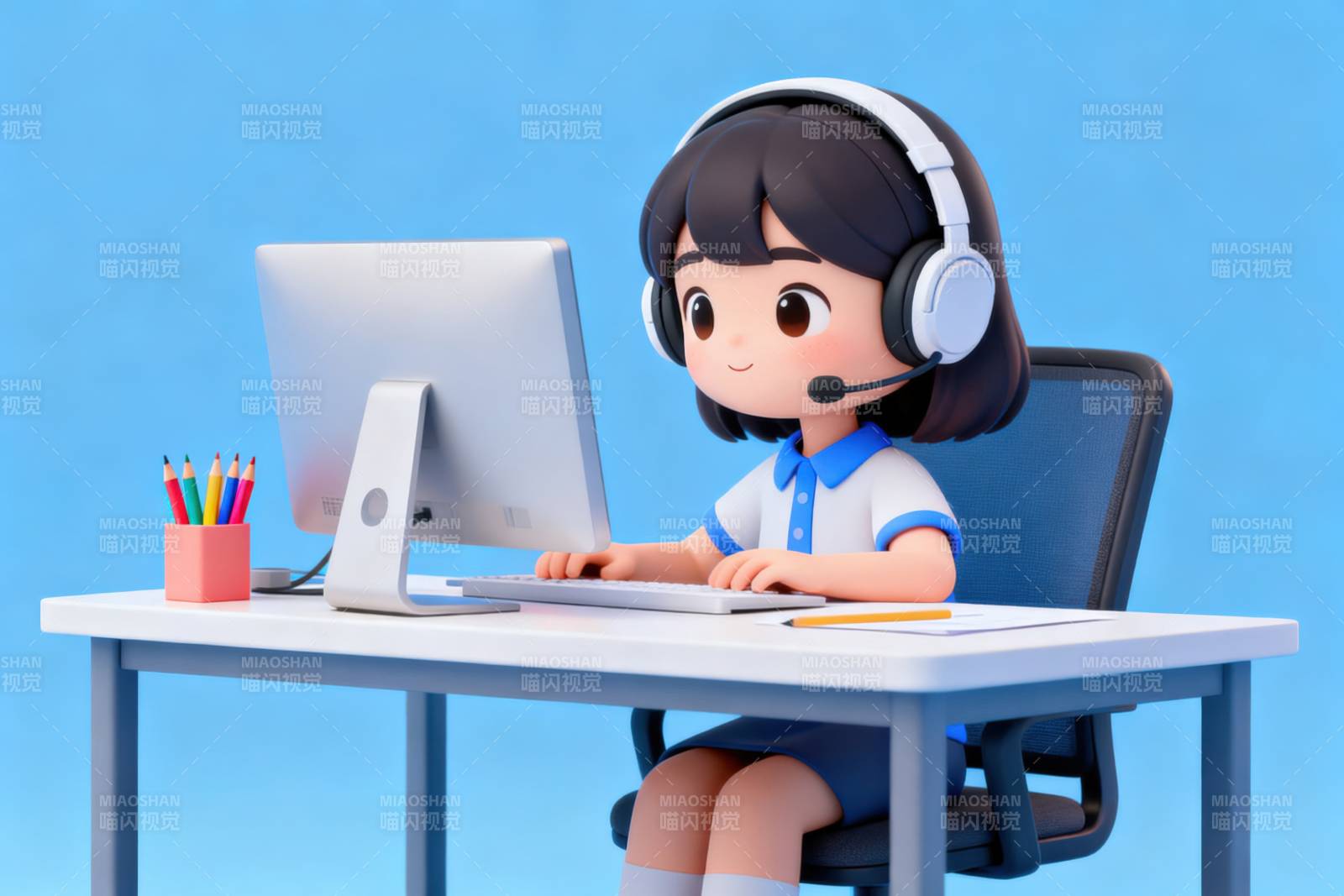 女孩在线学习电脑前图片