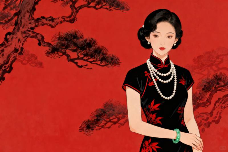 旗袍女子与松树背景图片