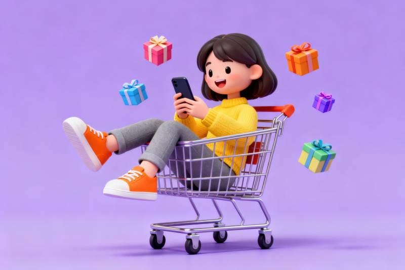 购物车中的女孩玩手机图片