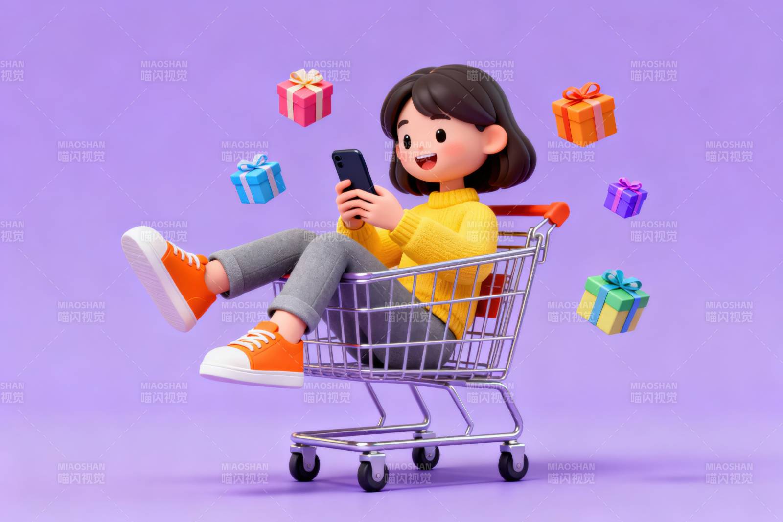 购物车中的女孩玩手机图片