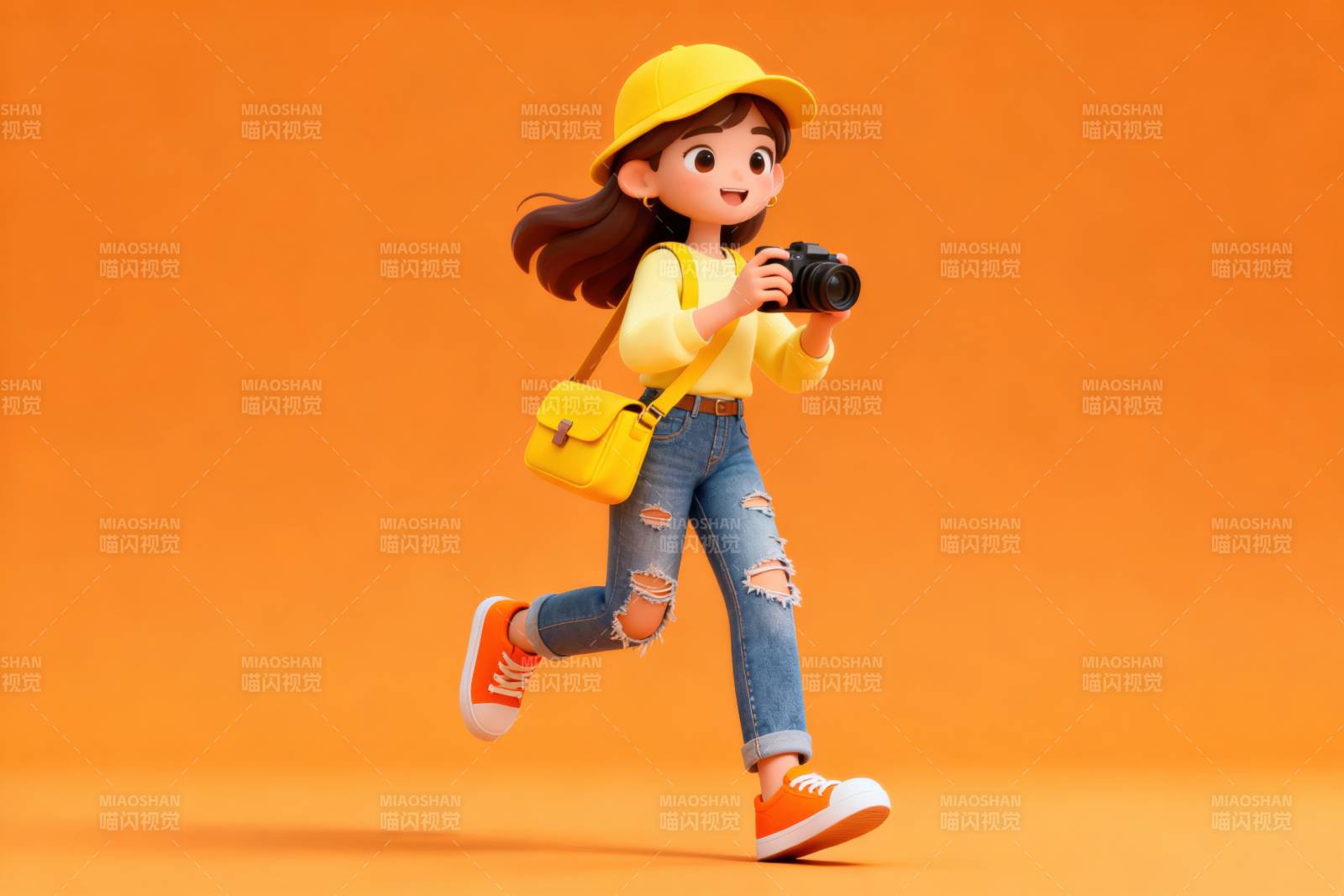 女孩手持相机奔跑拍照图片