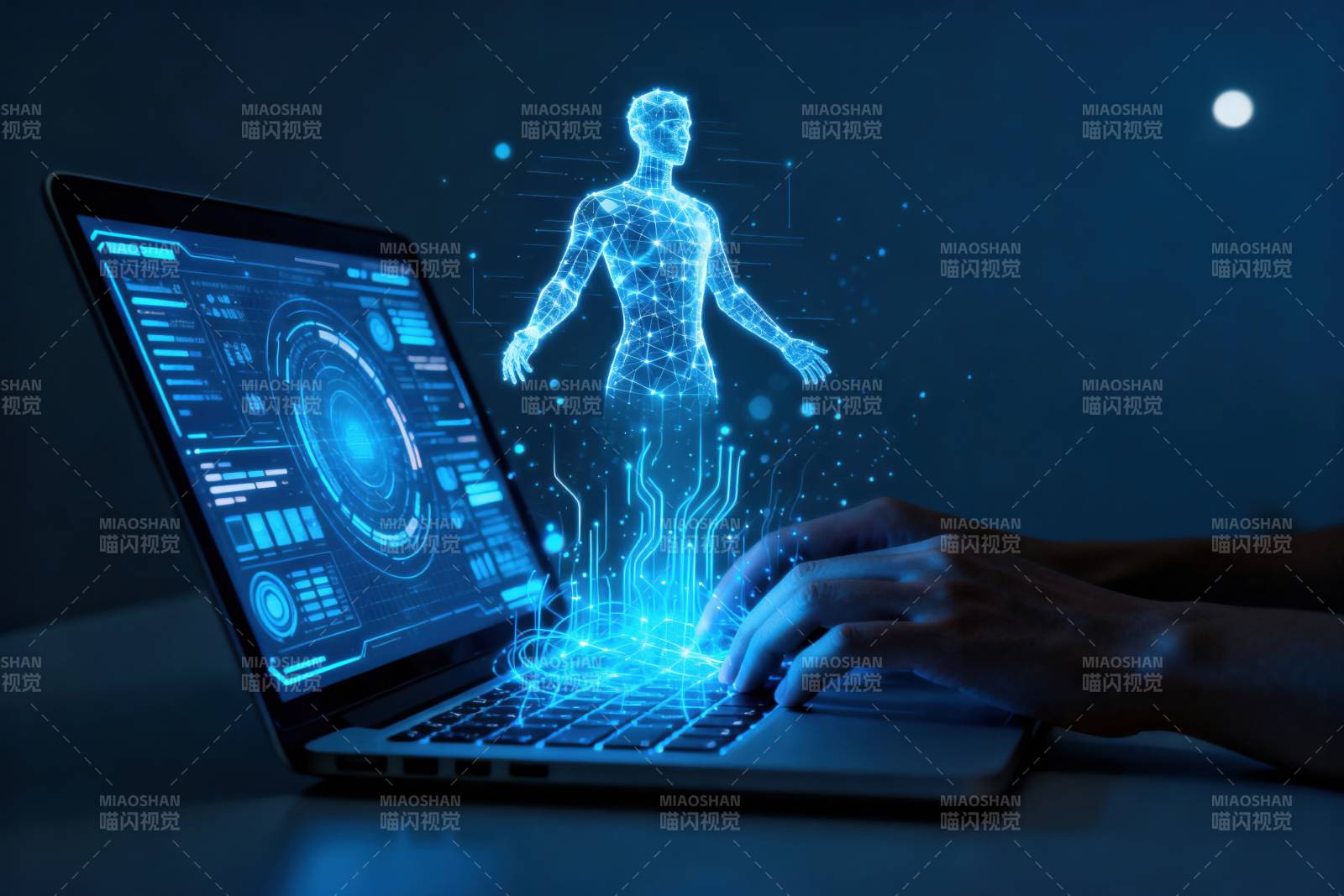 科技虚拟人与笔记本电脑交互图片