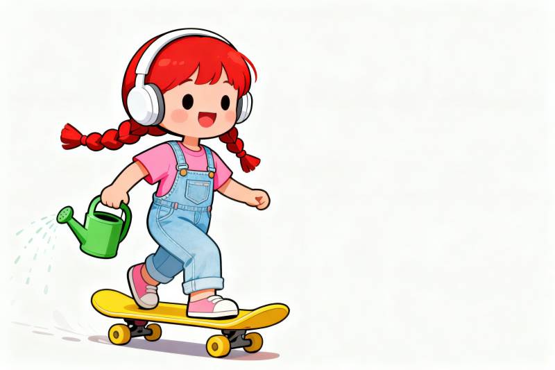 女孩滑滑板浇水图片