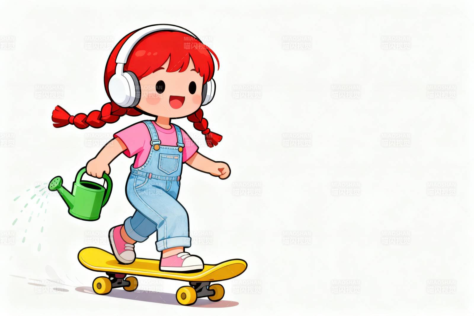 女孩滑滑板浇水图片
