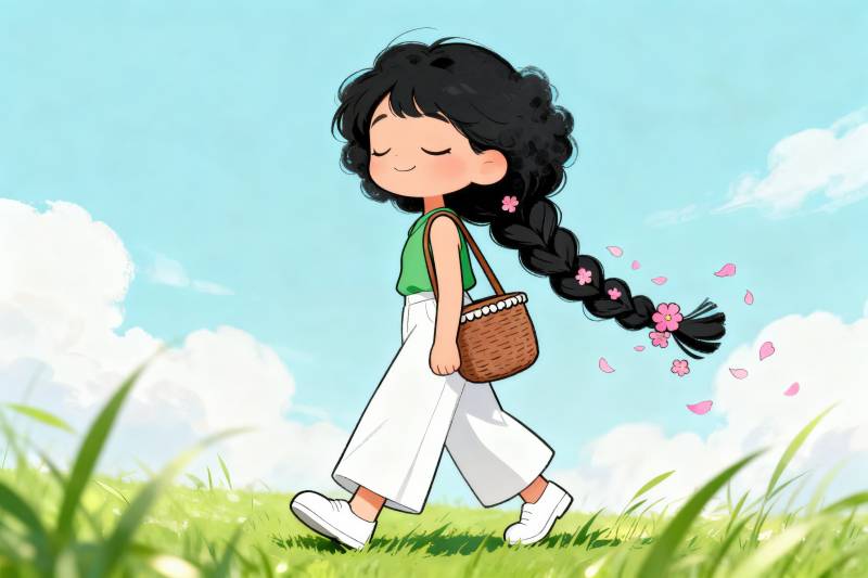 女孩漫步春日草地图片