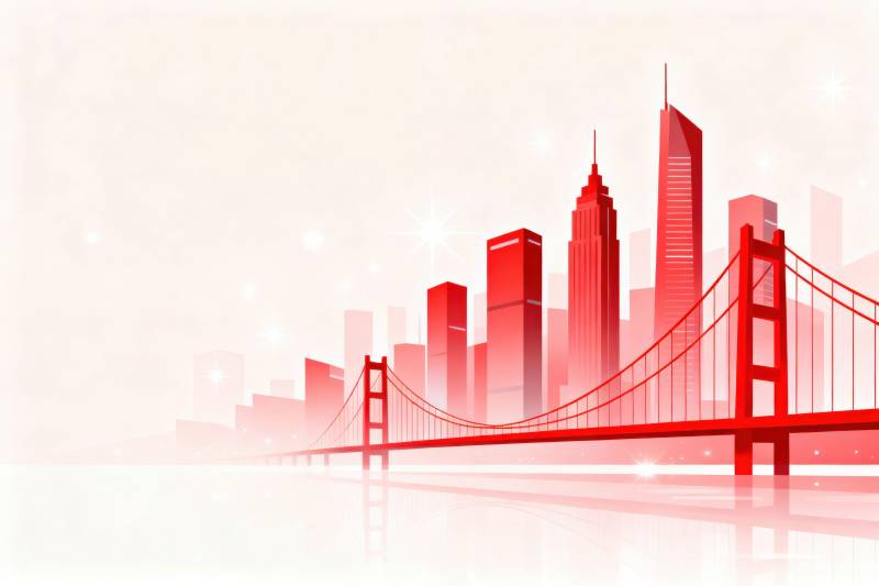 红色城市天际线与桥梁图片