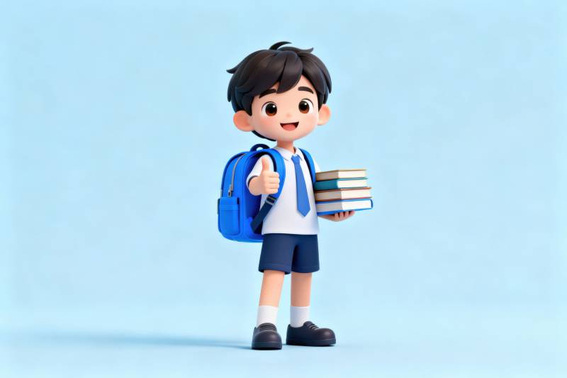 学生背着书包拿书本图片