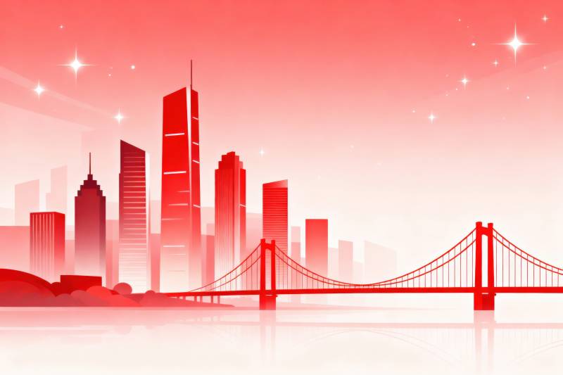 红色城市天际线与桥梁图片