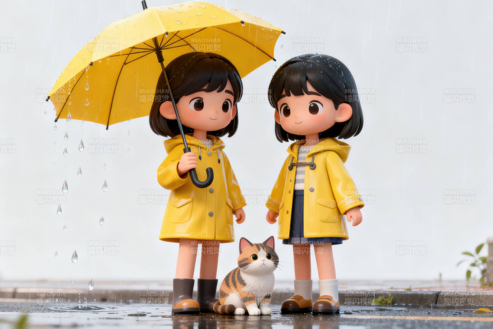 雨中女孩与猫咪图片