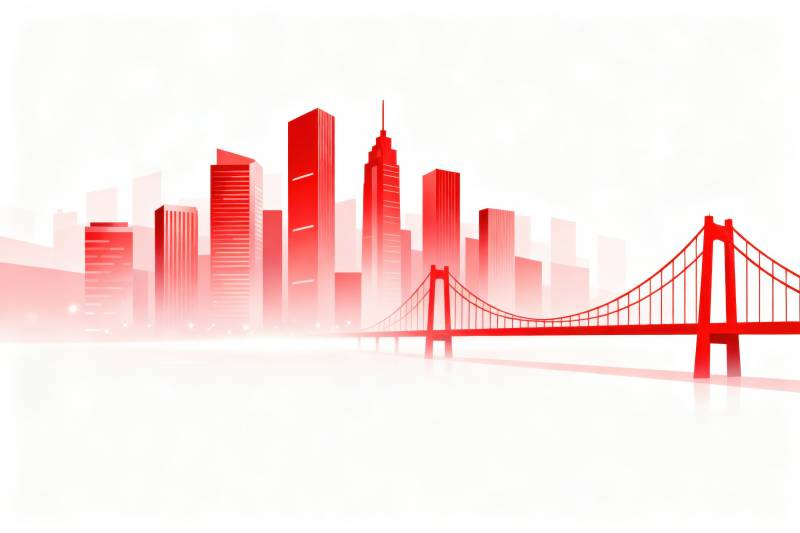 红色城市天际线与桥梁图片