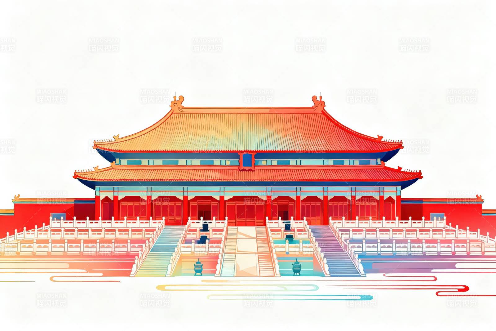 故宫古建筑彩色插画图片