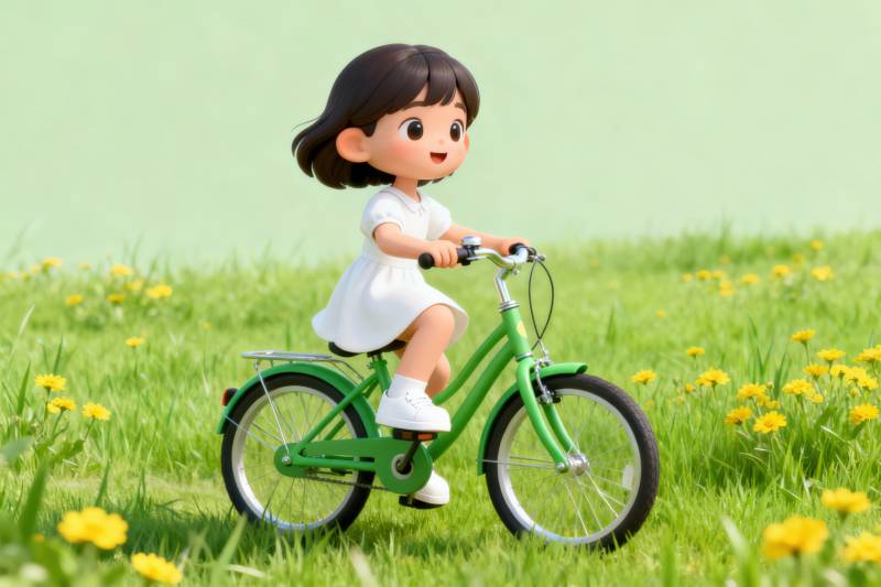 小女孩骑自行车草地图片