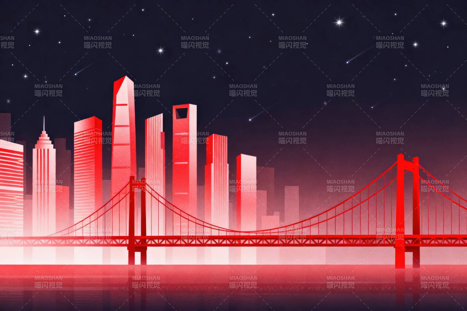 红色城市夜景与大桥图片