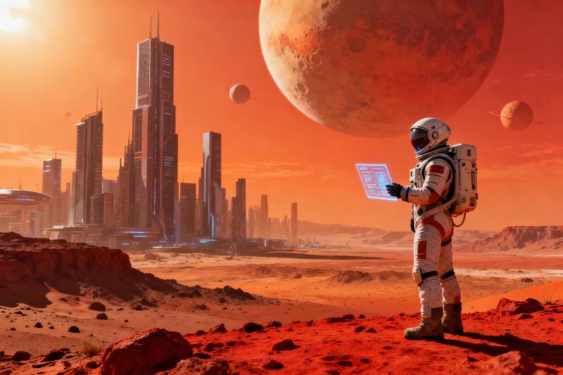 宇航员探索红色星球城市图片